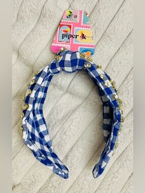 PIPER K Blue Gingham Jeweled Knotted Headband